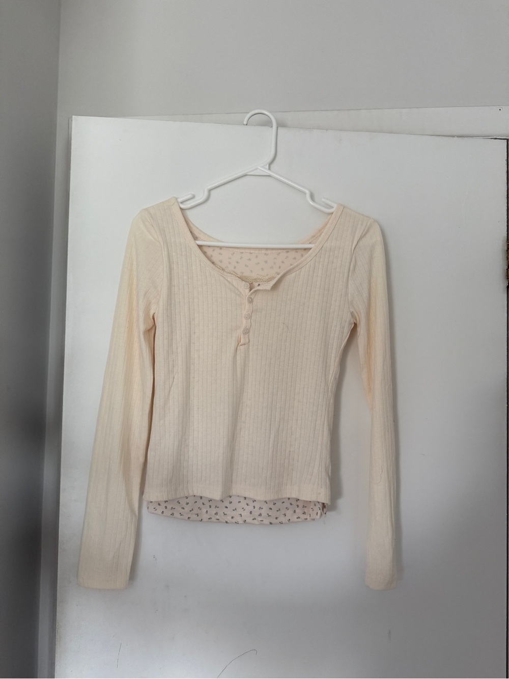 Cream Ribbed Henley Long-Sleeve Top